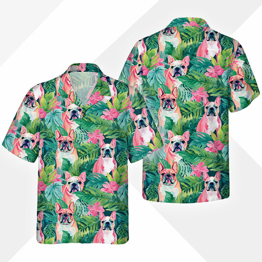 Bulldog Dog Hawaiihemd - Lustiges Tropen Blumen Kurzarm Strandhemd für Herren Damen