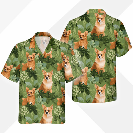 Corgi Dog Hawaiihemd - Lustiges Tropen Blumen Kurzarm Strandhemd für Herren Damen