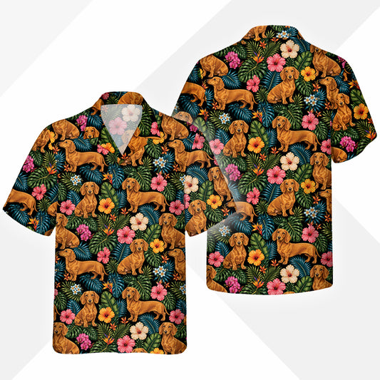 Dackel Dog Hawaiihemd - Lustiges Tropen Blumen Kurzarm Strandhemd für Herren Damen