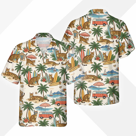 Bengal Katze Hawaiihemd - Lustiges Tropen Blumen Kurzarm Strandhemd für Herren Damen