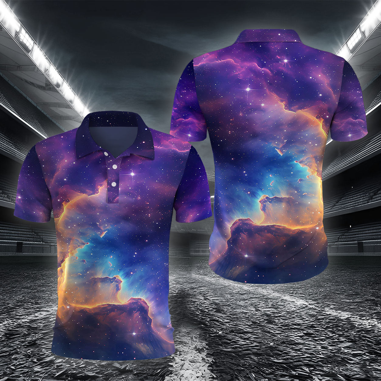 Spiralförmige Gold-Lila Galaxie Poloshirt