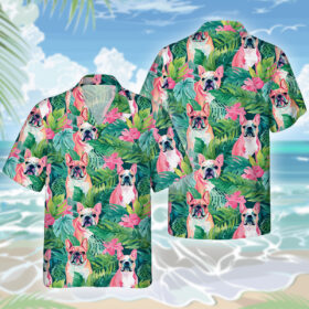 Bulldog Dog Hawaiihemd – Lustiges Tropen Blumen Kurzarm Strandhemd für Herren Damen