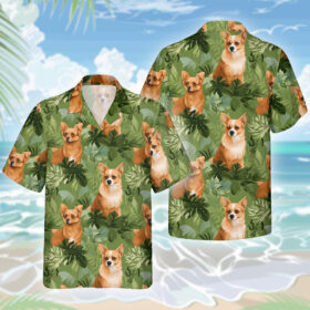 Corgi Dog Hawaiihemd – Lustiges Tropen Blumen Kurzarm Strandhemd für Herren Damen