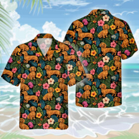 Dackel Dog Hawaiihemd – Lustiges Tropen Blumen Kurzarm Strandhemd für Herren Damen