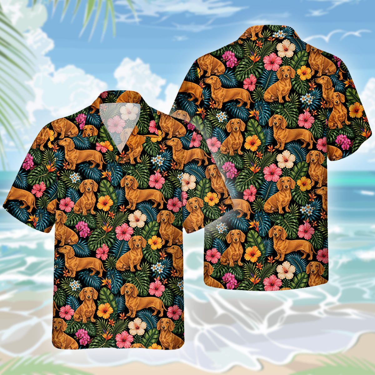 Dackel Dog Hawaiihemd - Lustiges Tropen Blumen Kurzarm Strandhemd für Herren Damen