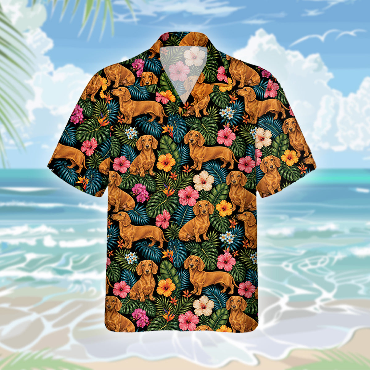 Dackel Dog Hawaiihemd - Lustiges Tropen Blumen Kurzarm Strandhemd für Herren Damen – Bild 3