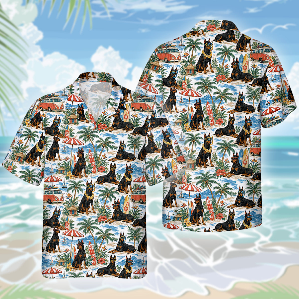 Dobermann Dog Hawaiihemd - Lustiges Tropen Blumen Kurzarm Strandhemd für Herren Damen
