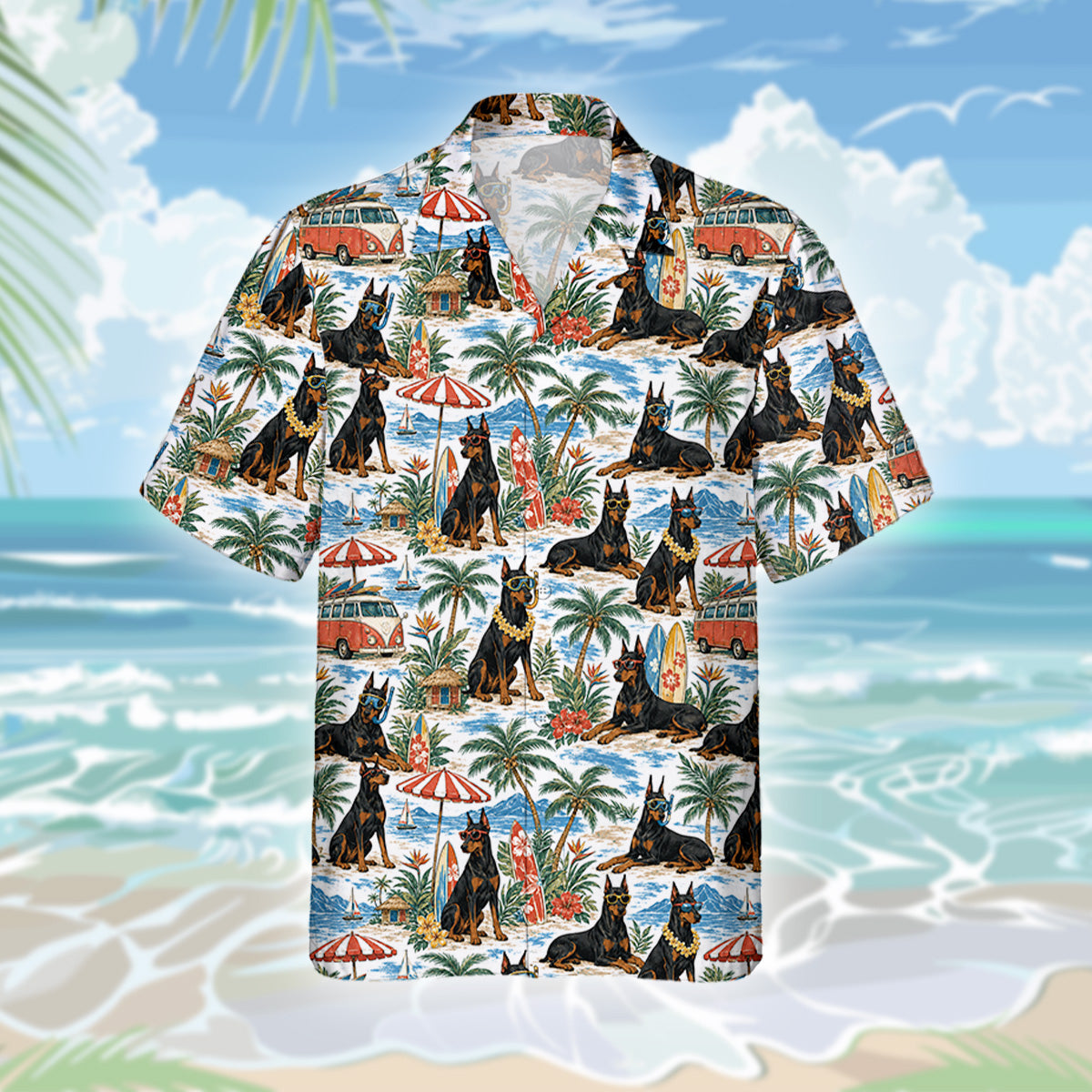 Dobermann Dog Hawaiihemd - Lustiges Tropen Blumen Kurzarm Strandhemd für Herren Damen – Bild 3
