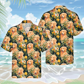 Golden Retriever Dog Hawaiihemd – Lustiges Tropen Blumen Kurzarm Strandhemd für Herren Damen