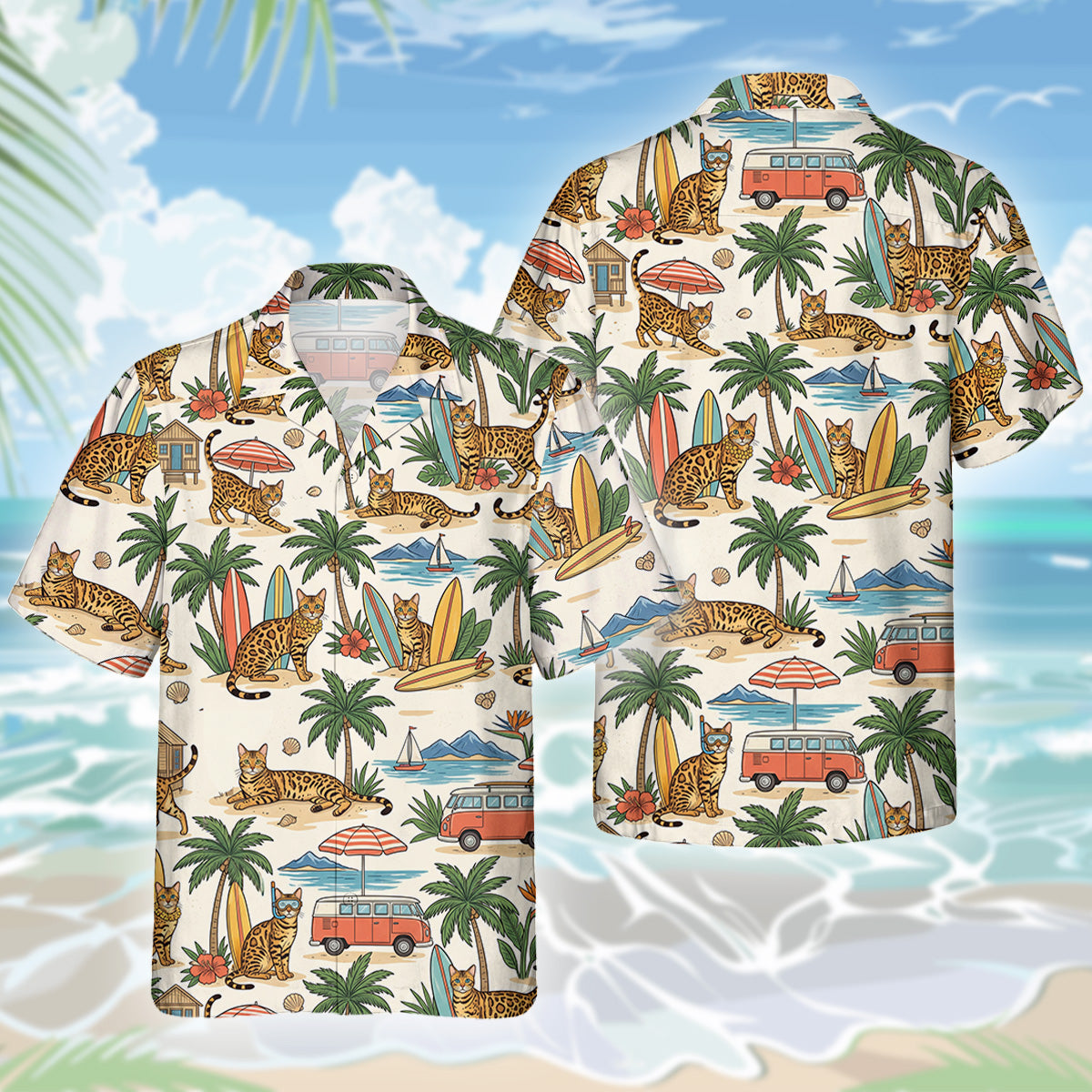 Bengal Katze Hawaiihemd - Lustiges Tropen Blumen Kurzarm Strandhemd für Herren Damen