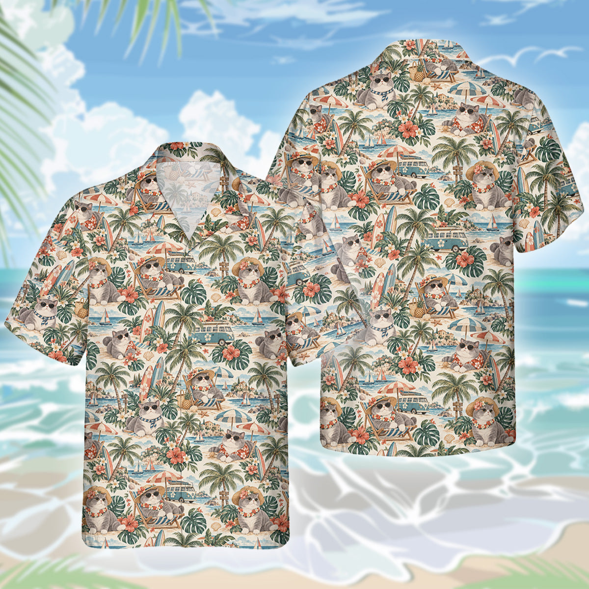 Britisch Kurzhaar Katze Hawaiihemd - Lustiges Tropen Blumen Kurzarm Strandhemd für Herren Damen