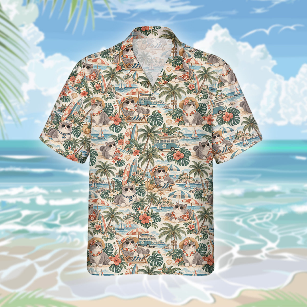 Britisch Kurzhaar Katze Hawaiihemd - Lustiges Tropen Blumen Kurzarm Strandhemd für Herren Damen – Bild 3