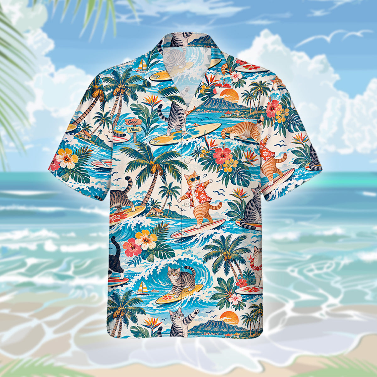 Europäisch Kurzhaar Katze Hawaiihemd - Lustiges Tropen Blumen Kurzarm Strandhemd für Herren Damen – Bild 3
