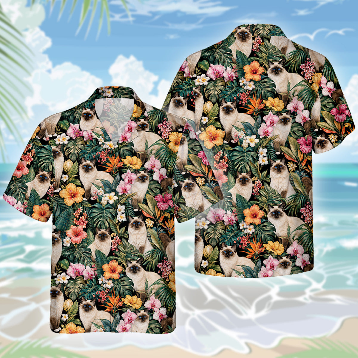 Heilige Birma Katze Hawaiihemd - Lustiges Tropen Blumen Kurzarm Strandhemd für Herren Damen
