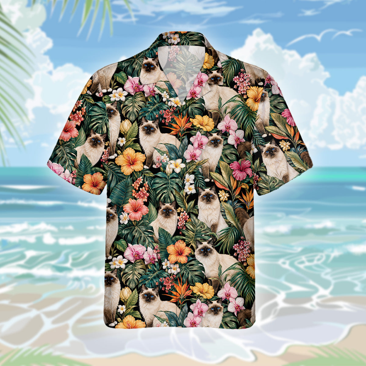 Heilige Birma Katze Hawaiihemd - Lustiges Tropen Blumen Kurzarm Strandhemd für Herren Damen – Bild 3
