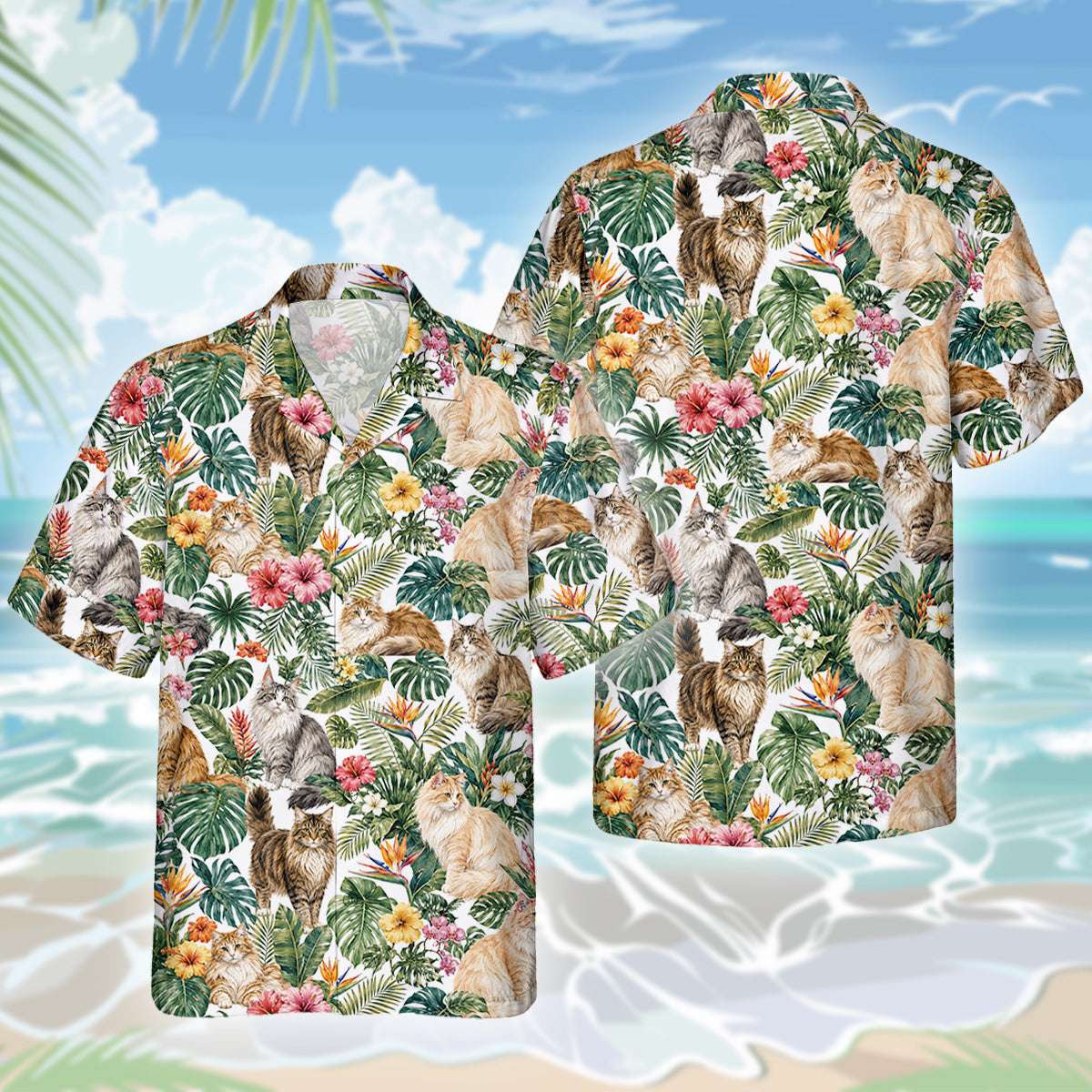 Norwegische Waldkatze Hawaiihemd - Lustiges Tropen Blumen Kurzarm Strandhemd für Herren Damen
