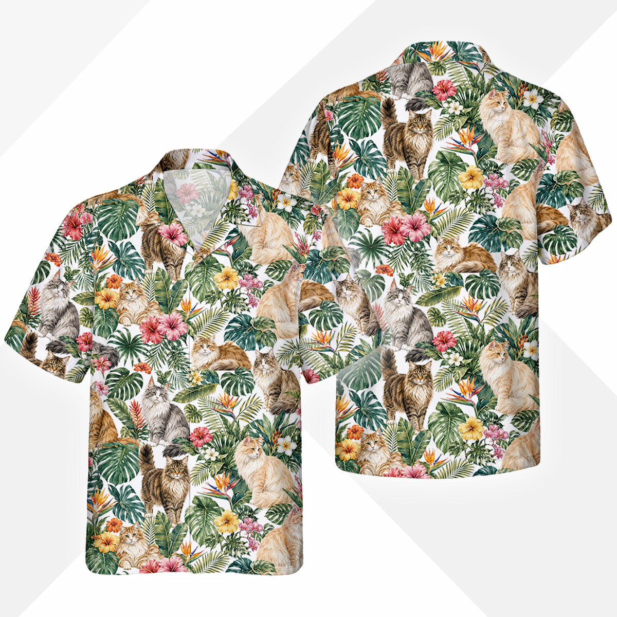 Norwegische Waldkatze Hawaiihemd - Lustiges Tropen Blumen Kurzarm Strandhemd für Herren Damen – Bild 2