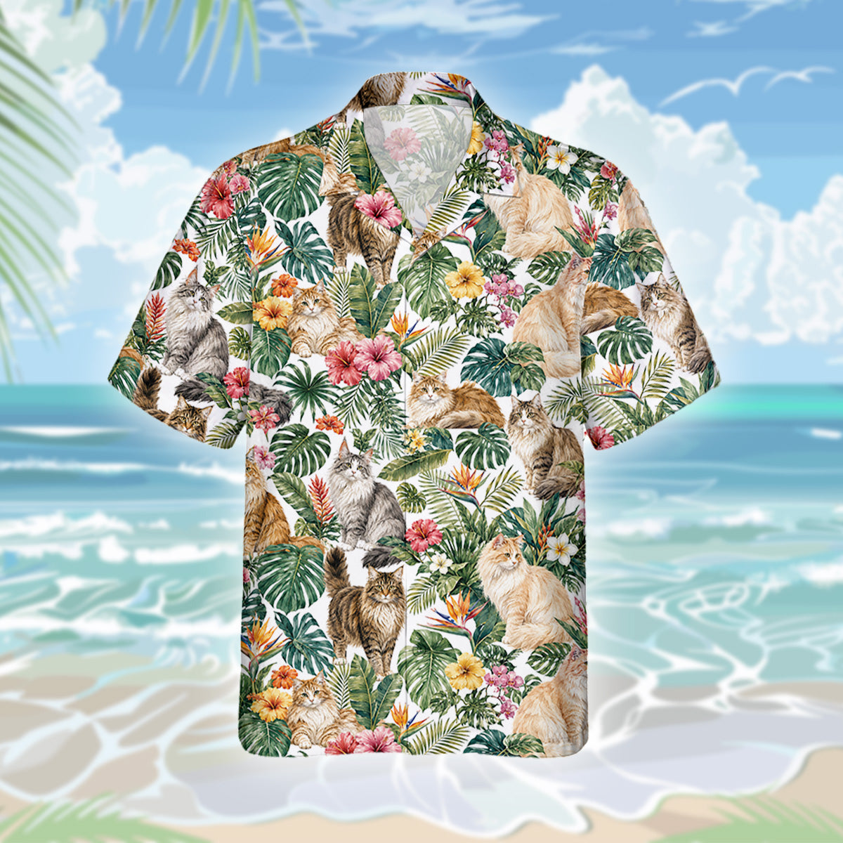 Norwegische Waldkatze Hawaiihemd - Lustiges Tropen Blumen Kurzarm Strandhemd für Herren Damen – Bild 3