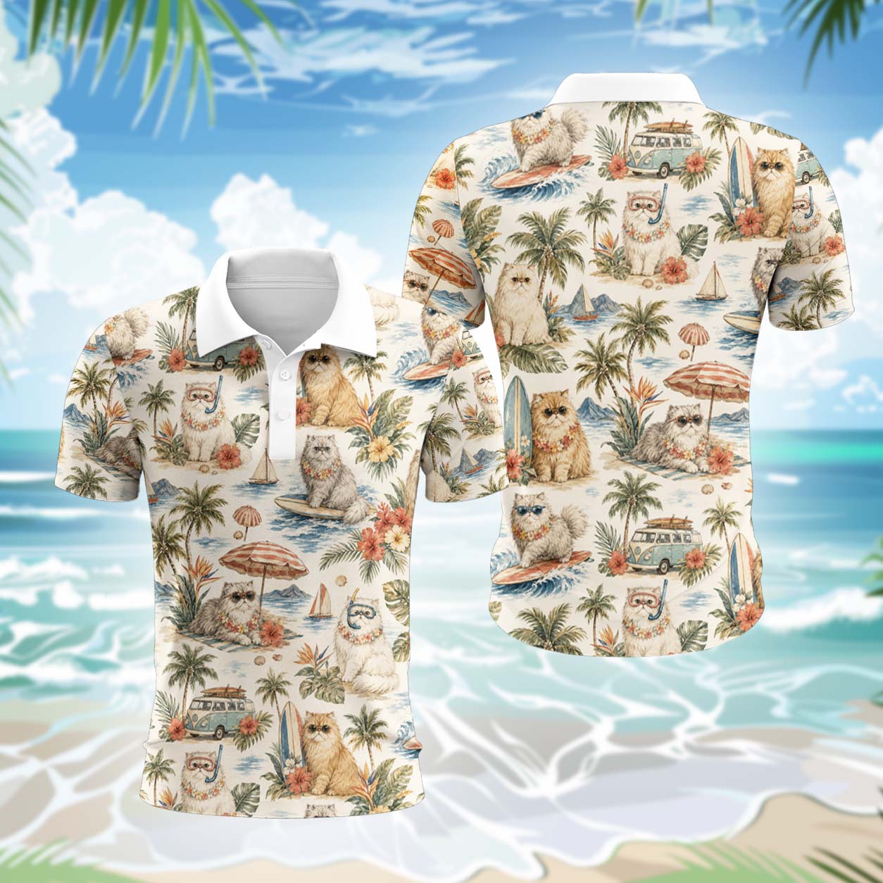 Perserkatze Polohemd - Lustiges Tropen Kurzarm Shirt für Herren Damen
