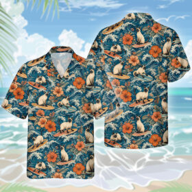 Siamkatze Hawaiihemd – Lustiges Tropen Blumen Kurzarm Strandhemd für Herren Damen