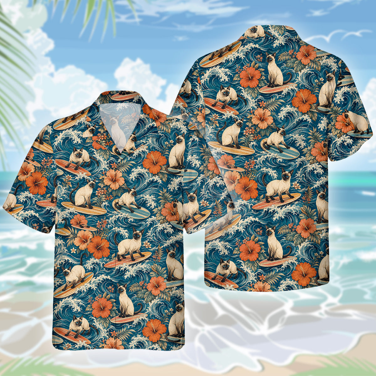 Siamkatze Hawaiihemd - Lustiges Tropen Blumen Kurzarm Strandhemd für Herren Damen