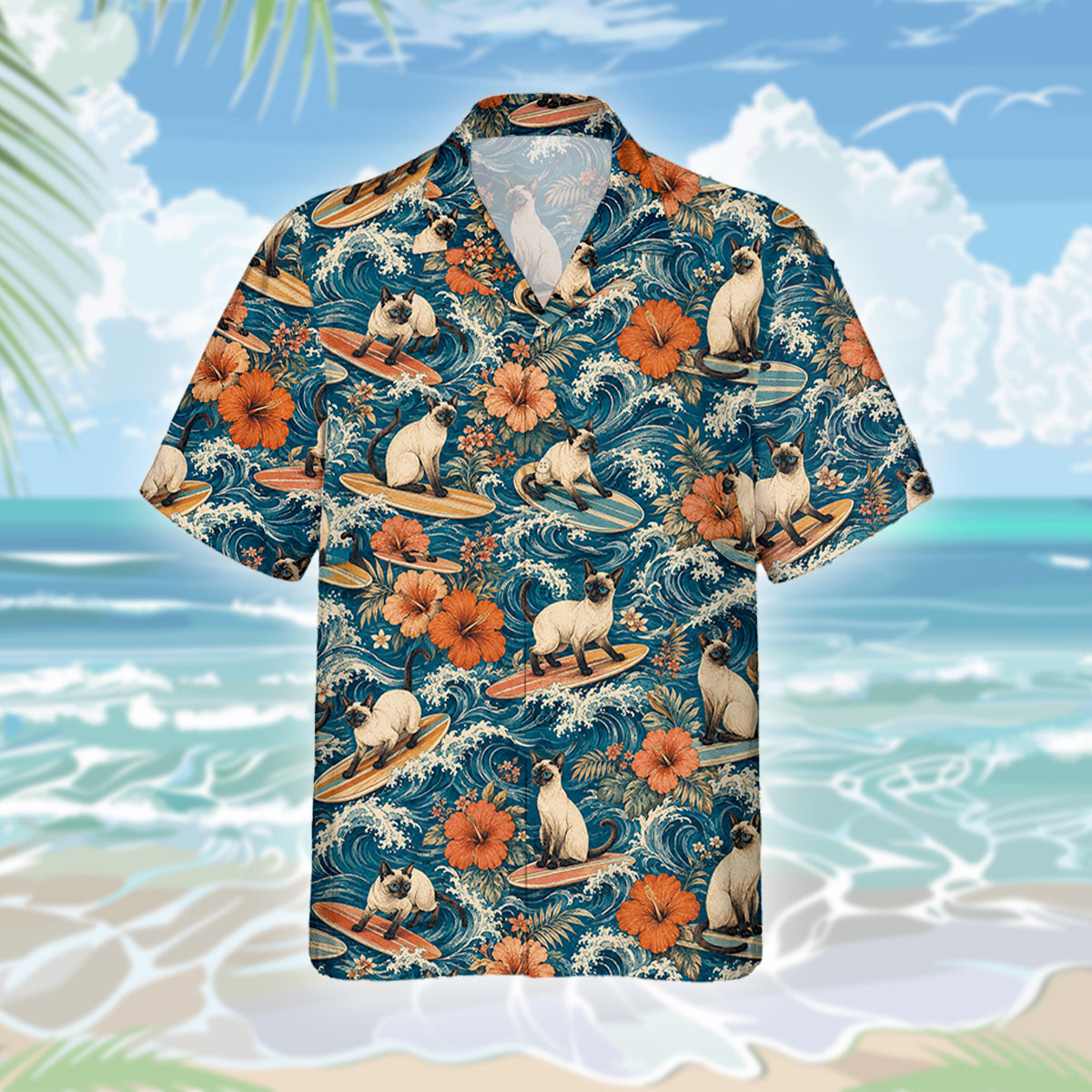 Siamkatze Hawaiihemd - Lustiges Tropen Blumen Kurzarm Strandhemd für Herren Damen – Bild 3