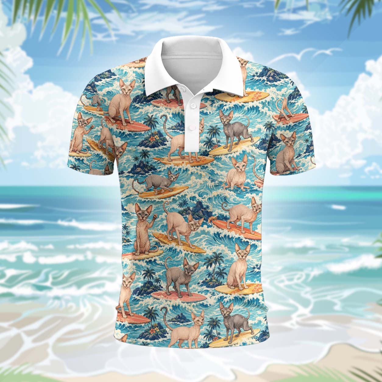 Sphynx Katze Polohemd - Lustiges Tropen Kurzarm Shirt für Herren Damen – Bild 2
